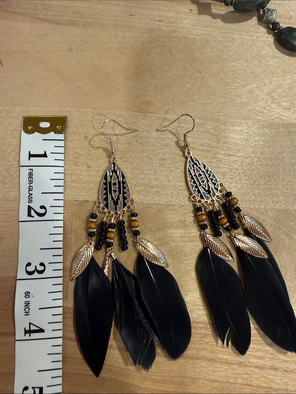 Gold Tone and Black Feather Drop Earrings - Tribal Bead Dangles - Picture 2 of 3